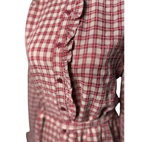 NEW Hem & Thread Womens M Plaid Shirtdress Ruffle Pink White Botton Long Sleeve - Picture 2 of 15
